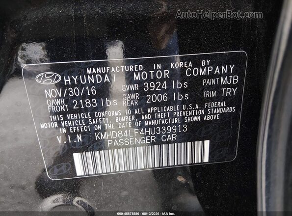 KMHD84LF4HU339913 2017 HYUNDAI ELANTRA Черный Вид подкапотного пространства