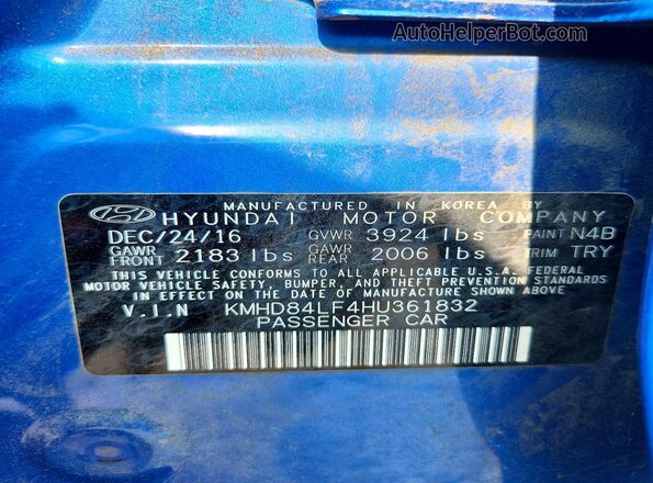 KMHD84LF4HU361832 2017 HYUNDAI ELANTRA Blue ძრავის განყოფილების ხედი