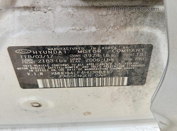 KMHD84LF4HU388917 2017 HYUNDAI ELANTRA Silver Vista del compartimento del motor