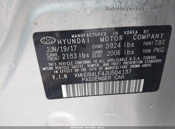 KMHD84LF4JU504137 2018 HYUNDAI ELANTRA Серебряный Вид подкапотного пространства