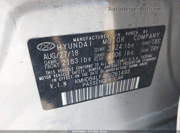 KMHD84LF4KU761493 2019 HYUNDAI ELANTRA Silver Vista del compartimento del motor