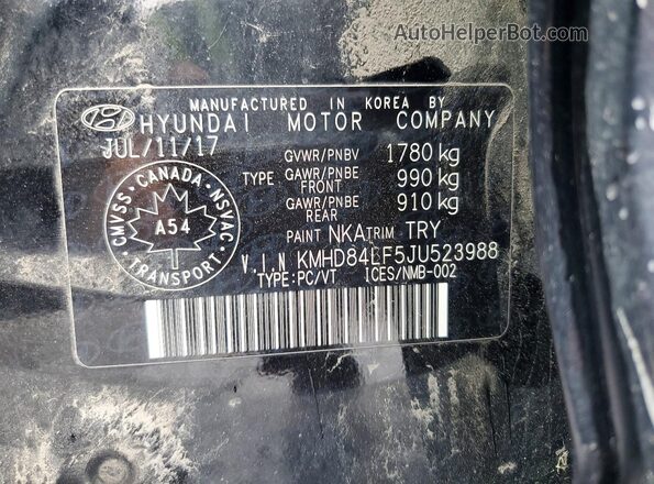 KMHD84LF5JU523988 2018 HYUNDAI ELANTRA Black VIN კოდის სტიკერის ხედი