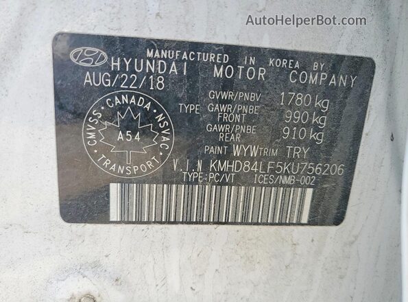 KMHD84LF5KU756206 2019 HYUNDAI ELANTRA Белый Вид наклейки с VIN-кодом