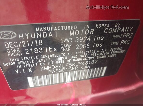 KMHD84LF5KU848187 2019 HYUNDAI ELANTRA Red Շարժիչի բաժամունքի տեսք
