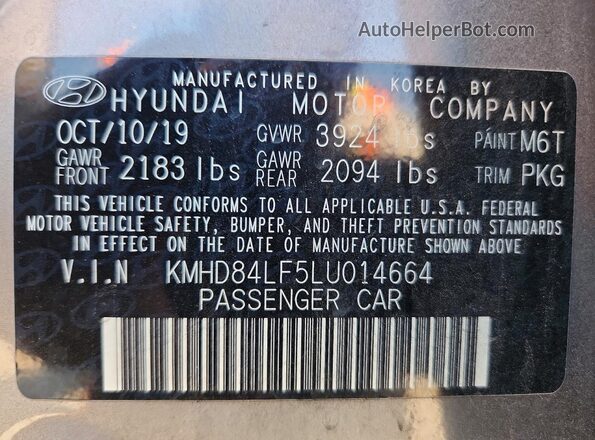 KMHD84LF5LU014664 2020 HYUNDAI ELANTRA Gray VIN კოდის სტიკერის ხედი