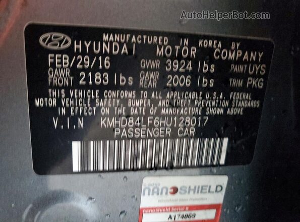 KMHD84LF6HU128017 2017 HYUNDAI ELANTRA Gray ძრავის განყოფილების ხედი