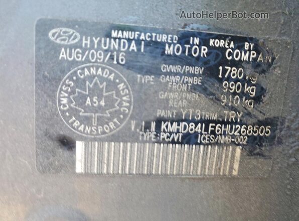 KMHD84LF6HU268505 2017 HYUNDAI ELANTRA Gray Vista de la etiqueta del VIN