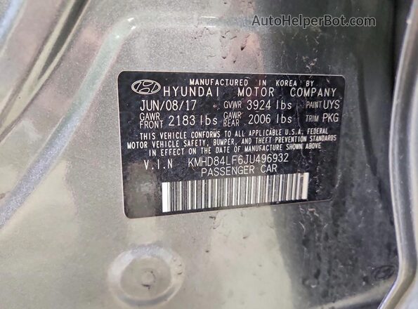 KMHD84LF6JU496932 2018 HYUNDAI ELANTRA Silver Շարժիչի բաժամունքի տեսք