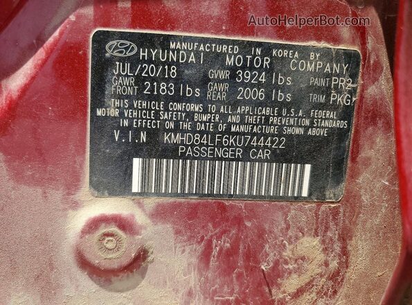 KMHD84LF6KU744422 2019 HYUNDAI ELANTRA Red ძრავის განყოფილების ხედი