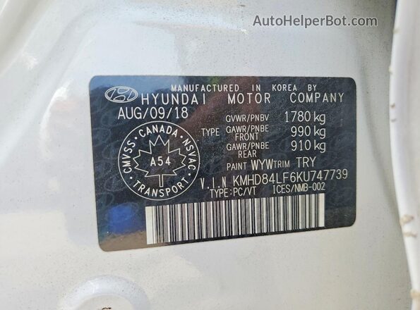 KMHD84LF6KU747739 2019 HYUNDAI ELANTRA White Widok naklejki z numerem VIN