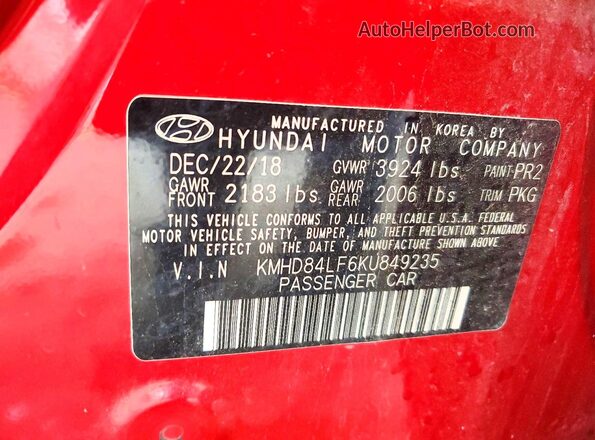 KMHD84LF6KU849235 2019 HYUNDAI ELANTRA Красный Вид подкапотного пространства