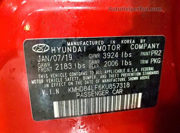 KMHD84LF6KU857318 2019 HYUNDAI ELANTRA Red ძრავის განყოფილების ხედი