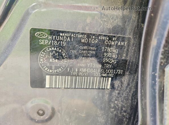 KMHD84LF6LU001731 2020 HYUNDAI ELANTRA Серый Вид наклейки с VIN-кодом