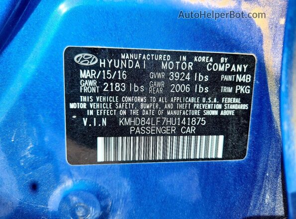 KMHD84LF7HU141875 2017 HYUNDAI ELANTRA Синий Вид подкапотного пространства