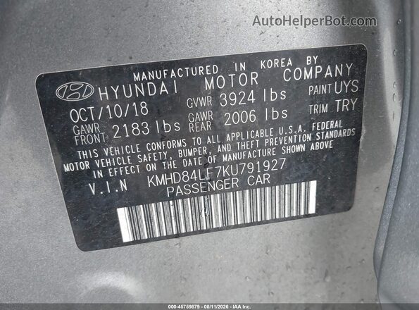 KMHD84LF7KU791927 2019 HYUNDAI ELANTRA Gray Widok komory silnika