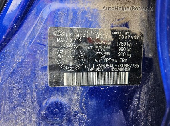 KMHD84LF7KU887735 2019 HYUNDAI ELANTRA Blue Widok komory silnika