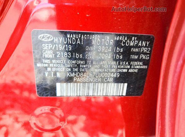 KMHD84LF7LU002449 2020 HYUNDAI ELANTRA Red Engine compartment view