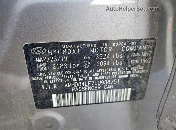 KMHD84LF7LU938751 2020 HYUNDAI ELANTRA Silver Vista del compartimento del motor