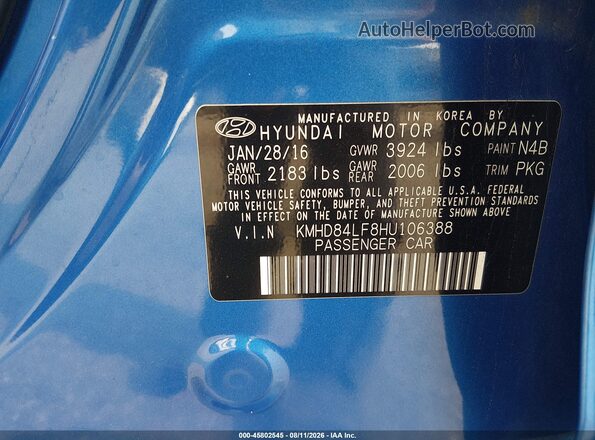 KMHD84LF8HU106388 2017 HYUNDAI ELANTRA Blue Vista del compartimento del motor