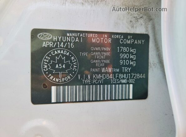 KMHD84LF8HU172844 2017 HYUNDAI ELANTRA White VIN կոդի պիտակի տեսք