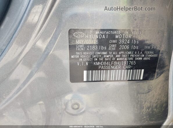 KMHD84LF8HU191765 2017 HYUNDAI ELANTRA Gray Вид задніх сидінь