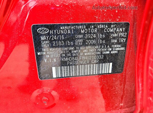 KMHD84LF8HU210332 2017 HYUNDAI ELANTRA Красный Вид подкапотного пространства