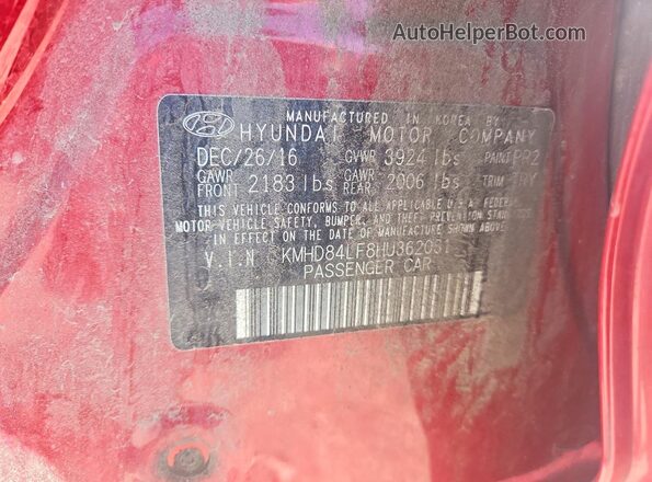 KMHD84LF8HU362031 2017 HYUNDAI ELANTRA Red Widok naklejki z numerem VIN