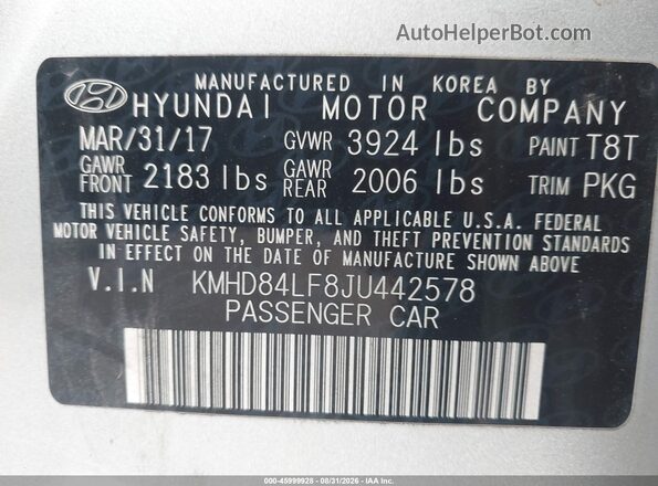 KMHD84LF8JU442578 2018 HYUNDAI ELANTRA Silver Vista del compartimento del motor