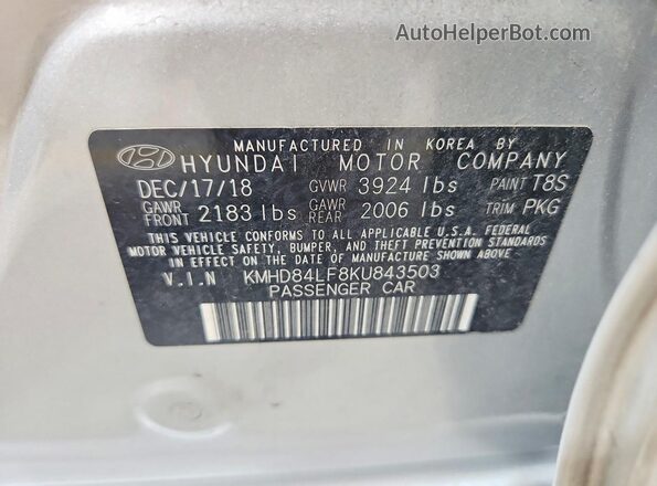 KMHD84LF8KU843503 2019 HYUNDAI ELANTRA Серебряный Вид подкапотного пространства