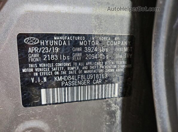 KMHD84LF8LU918167 2020 HYUNDAI ELANTRA Gray ძრავის განყოფილების ხედი