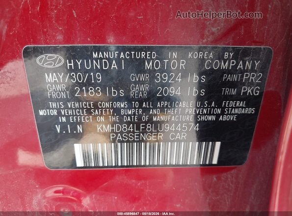 KMHD84LF8LU944574 2020 HYUNDAI ELANTRA Red Engine compartment view