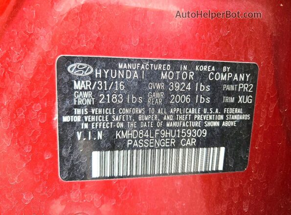 KMHD84LF9HU159309 2017 HYUNDAI ELANTRA Red Vista del compartimento del motor