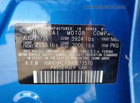 KMHD84LF9HU273570 2017 HYUNDAI ELANTRA Blue Engine compartment view