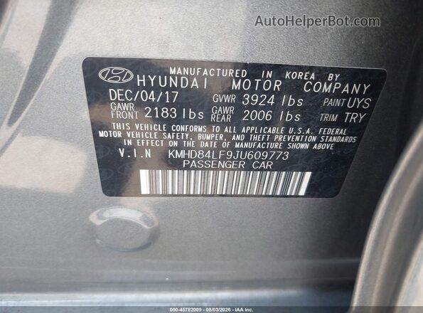 KMHD84LF9JU609773 2018 HYUNDAI ELANTRA Gray Widok komory silnika