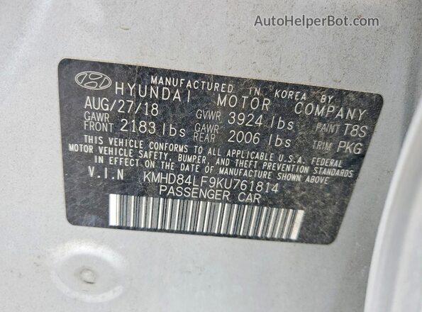 KMHD84LF9KU761814 2019 HYUNDAI ELANTRA Silver Vista del compartimento del motor