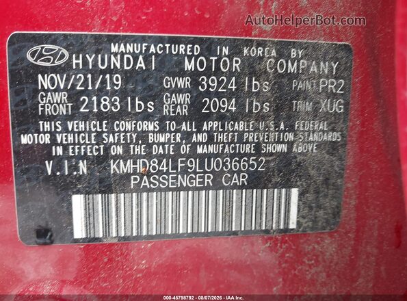 KMHD84LF9LU036652 2020 HYUNDAI ELANTRA Red Շարժիչի բաժամունքի տեսք
