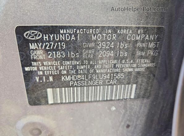 KMHD84LF9LU941585 2020 HYUNDAI ELANTRA Gray Vista de la etiqueta del VIN