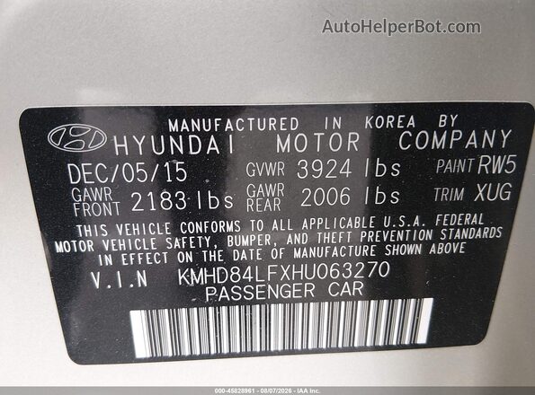 KMHD84LFXHU063270 2017 HYUNDAI ELANTRA Tan Շարժիչի բաժամունքի տեսք