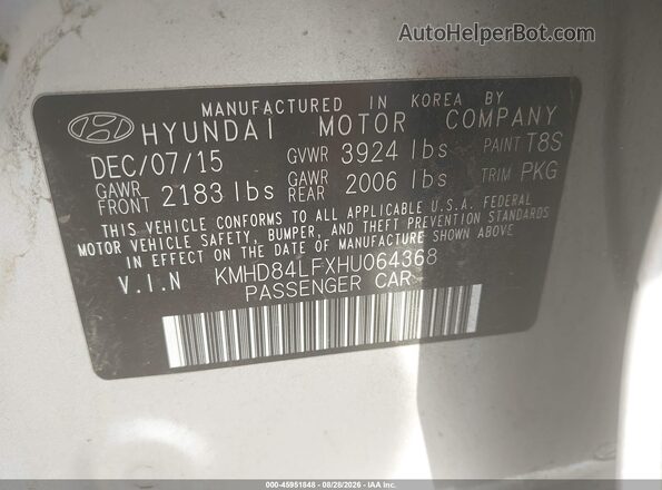 KMHD84LFXHU064368 2017 HYUNDAI ELANTRA Silver Widok komory silnika
