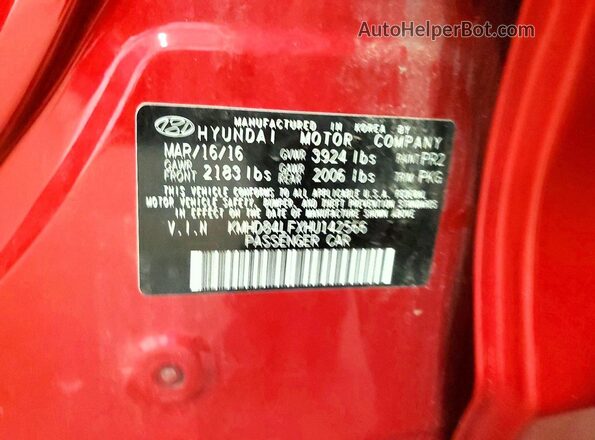 KMHD84LFXHU142566 2017 HYUNDAI ELANTRA Red Շարժիչի բաժամունքի տեսք