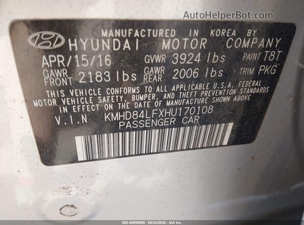KMHD84LFXHU170108 2017 HYUNDAI ELANTRA Gray ძრავის განყოფილების ხედი