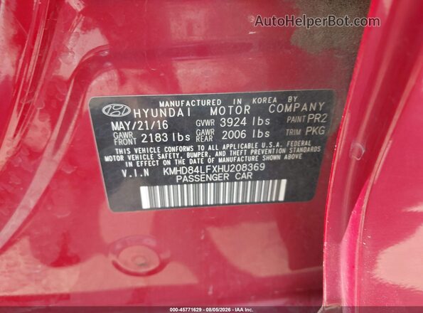KMHD84LFXHU208369 2017 HYUNDAI ELANTRA Red Շարժիչի բաժամունքի տեսք