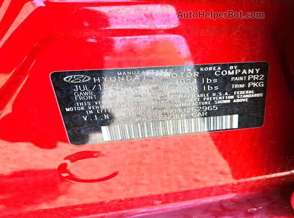 KMHD84LFXHU262965 2017 HYUNDAI ELANTRA Red Вид наклейки з VIN-кодом