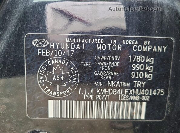 KMHD84LFXHU401475 2017 HYUNDAI ELANTRA Black ძრავის განყოფილების ხედი
