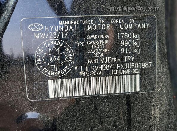 KMHD84LFXJU601987 2018 HYUNDAI ELANTRA Black Widok naklejki z numerem VIN