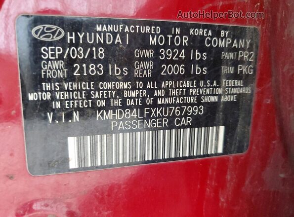 KMHD84LFXKU767993 2019 HYUNDAI ELANTRA Красный Вид подкапотного пространства