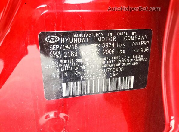 KMHD84LFXKU780498 2019 HYUNDAI ELANTRA Red ძრავის განყოფილების ხედი