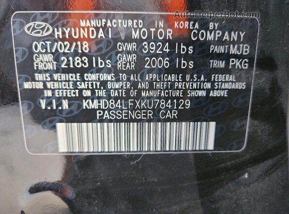 KMHD84LFXKU784129 2019 HYUNDAI ELANTRA Black Շարժիչի բաժամունքի տեսք