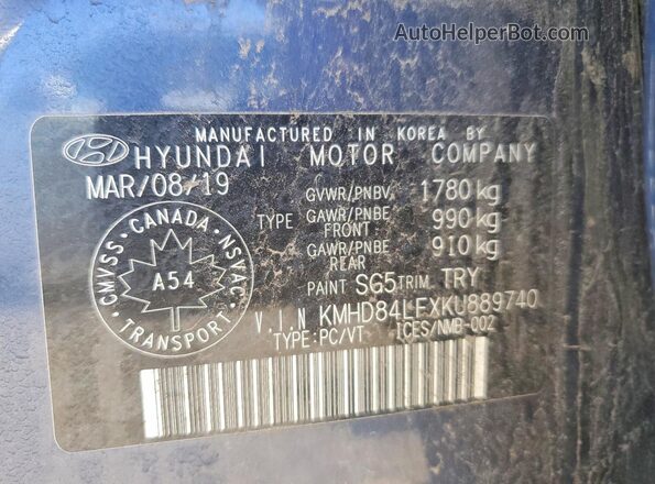KMHD84LFXKU889740 2019 HYUNDAI ELANTRA Blue VIN კოდის სტიკერის ხედი