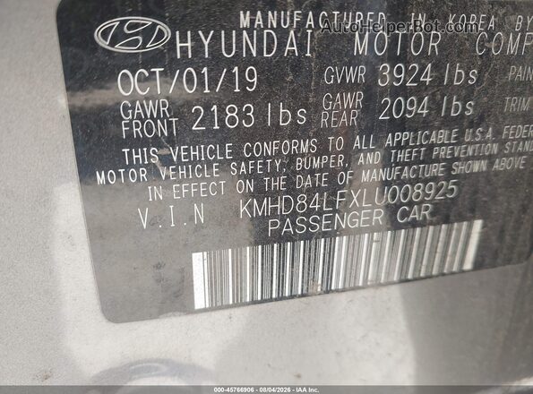 KMHD84LFXLU008925 2020 HYUNDAI ELANTRA Gray ძრავის განყოფილების ხედი